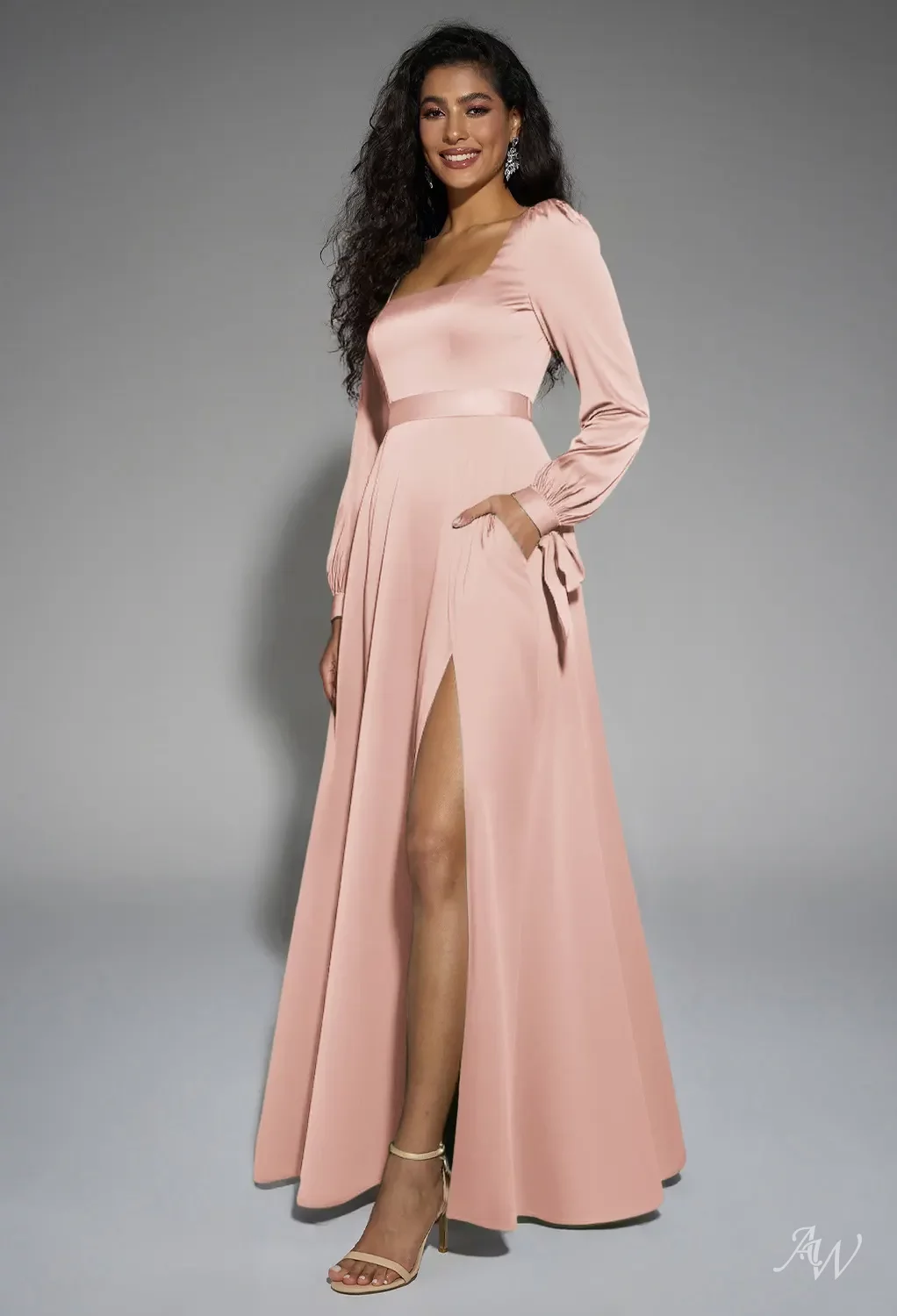 AW Rose Dress, Dark Navy Satin Charmeuse Floor Length Square